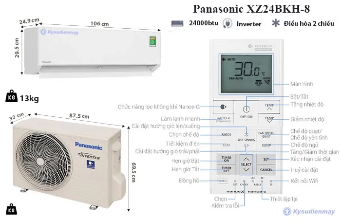 thông số kỹ thuật Điều Hòa Panasonic 24000BTU 2 Chiều Inverter Cao Cấp XZ24BKH-8